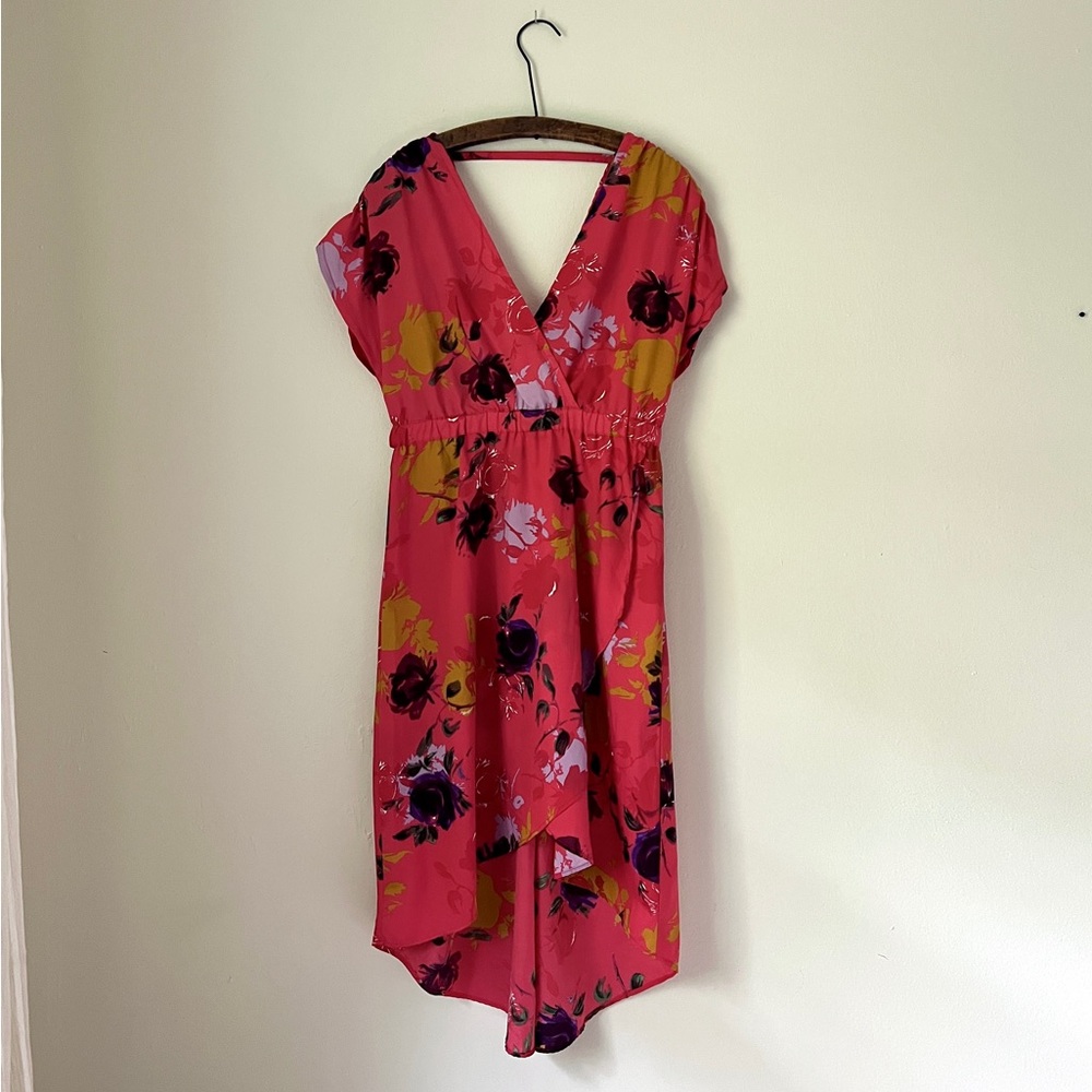 Strawberry Red Floral Romantic V-neck Midi High-low Dress High Waist Crossover L